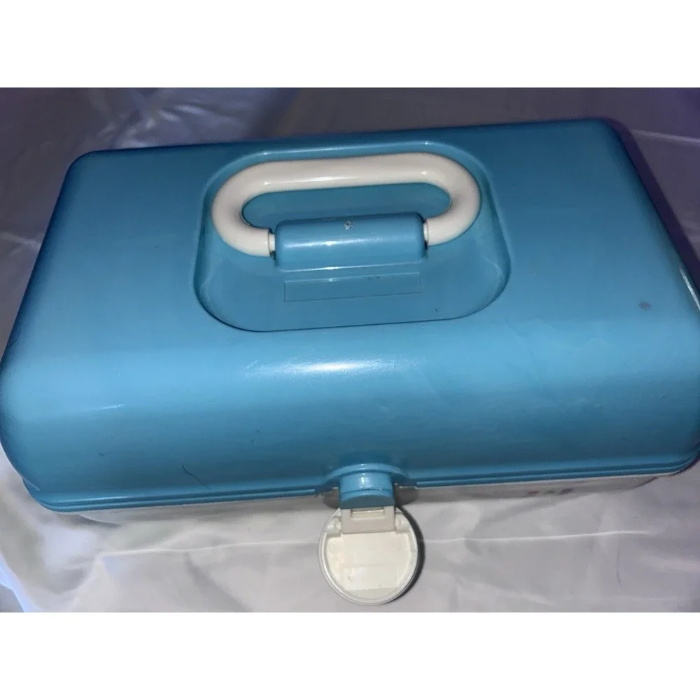 Caboodles Make Up Case With Mirror White And Aqua Travel Case Cosmetics